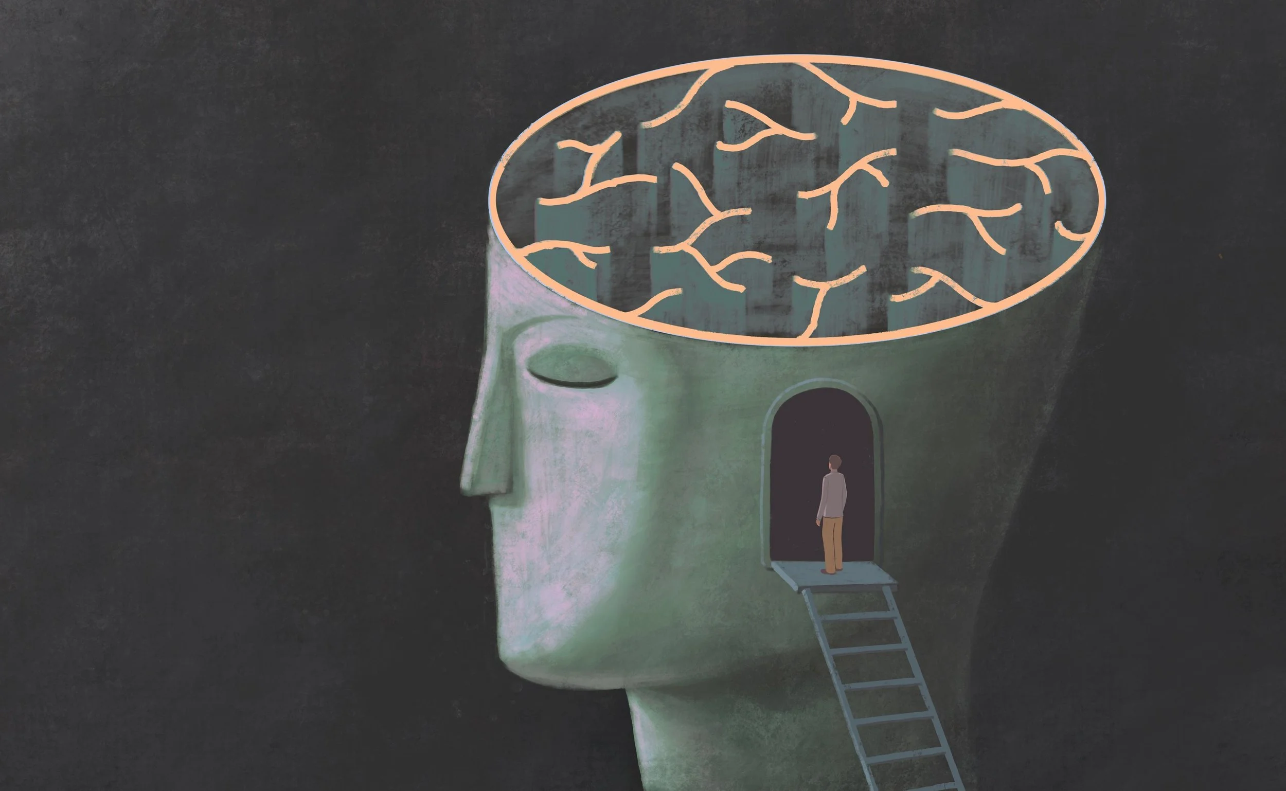 A stylised open head with a connected brain and a doorway, representing individual learning pathways