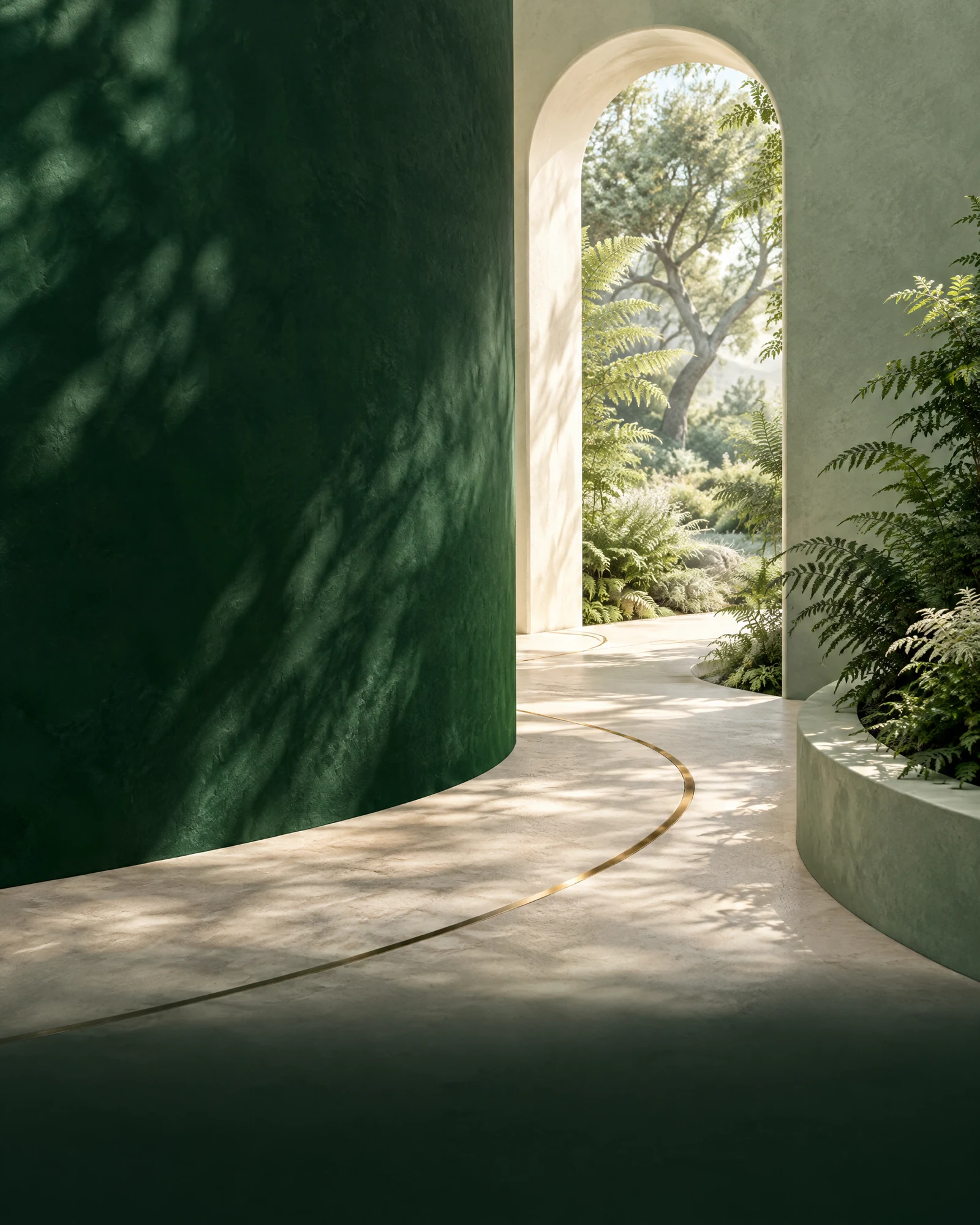 Conceptual artwork of a curved green pathway leading through a bright archway toward a garden, representing clarity and a way forward